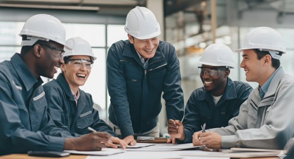 Diverse team of engineers wearing safety helmets and work jackets collaborating around a table during a project planning meeting in an industrial facility