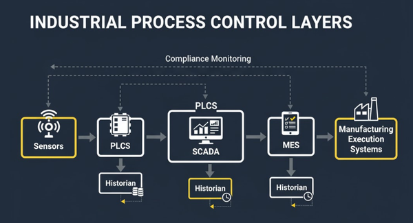 Diagram illustrating sensors, PLCs, SCADA, and historians in a process control network.