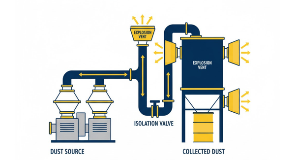 Diagram of dust collection and explosion isolation.